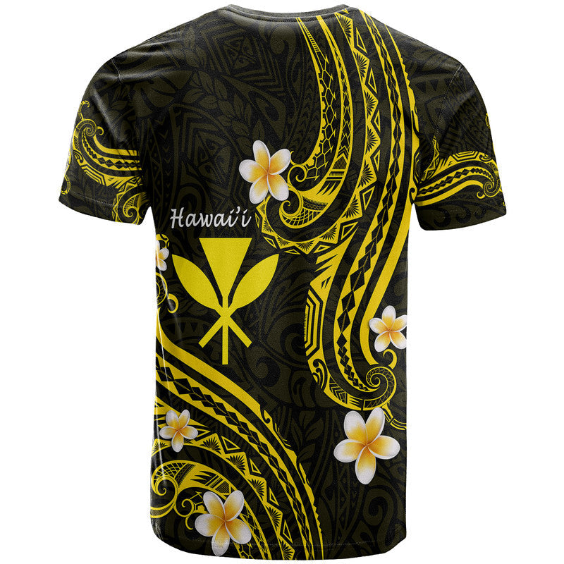 Black T-shirt with yellow Polynesian pattern, white flowers, and 'Hawaii' on back