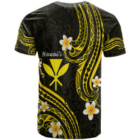 Black T-shirt with yellow Polynesian pattern, white flowers, and 'Hawaii' on back