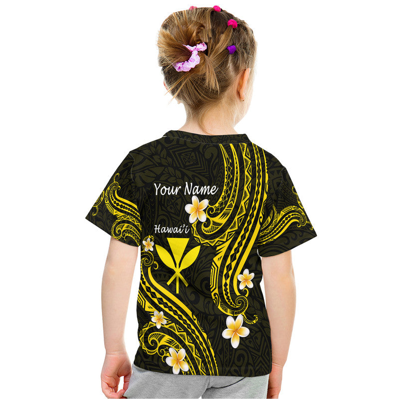 Black and gold kids T-shirt back view with “Your Name” and plumeria flower design