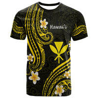 Gold and black Hawaiian-style T-shirt with yellow patterns, white flowers, and 'Hawaii' print