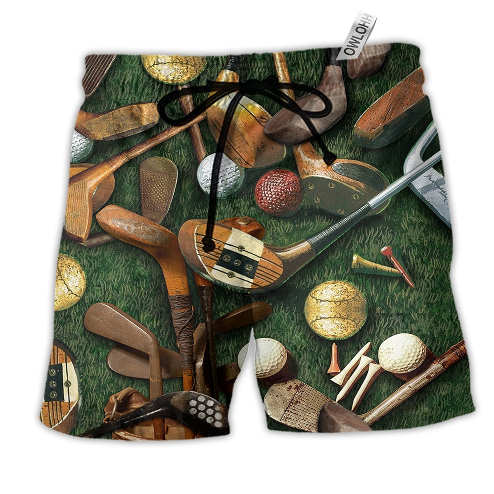 Golf Hawaiian shorts with green golf club pattern and black drawstring waist