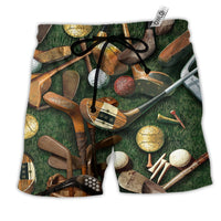 Golf Hawaiian shorts with green golf club pattern and black drawstring waist