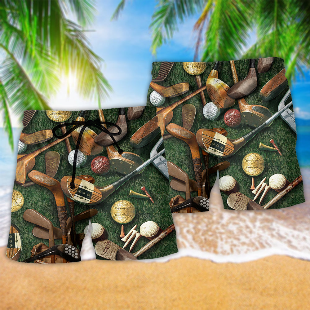 Golf Hawaiian shorts in green with golf club print, shown front and back