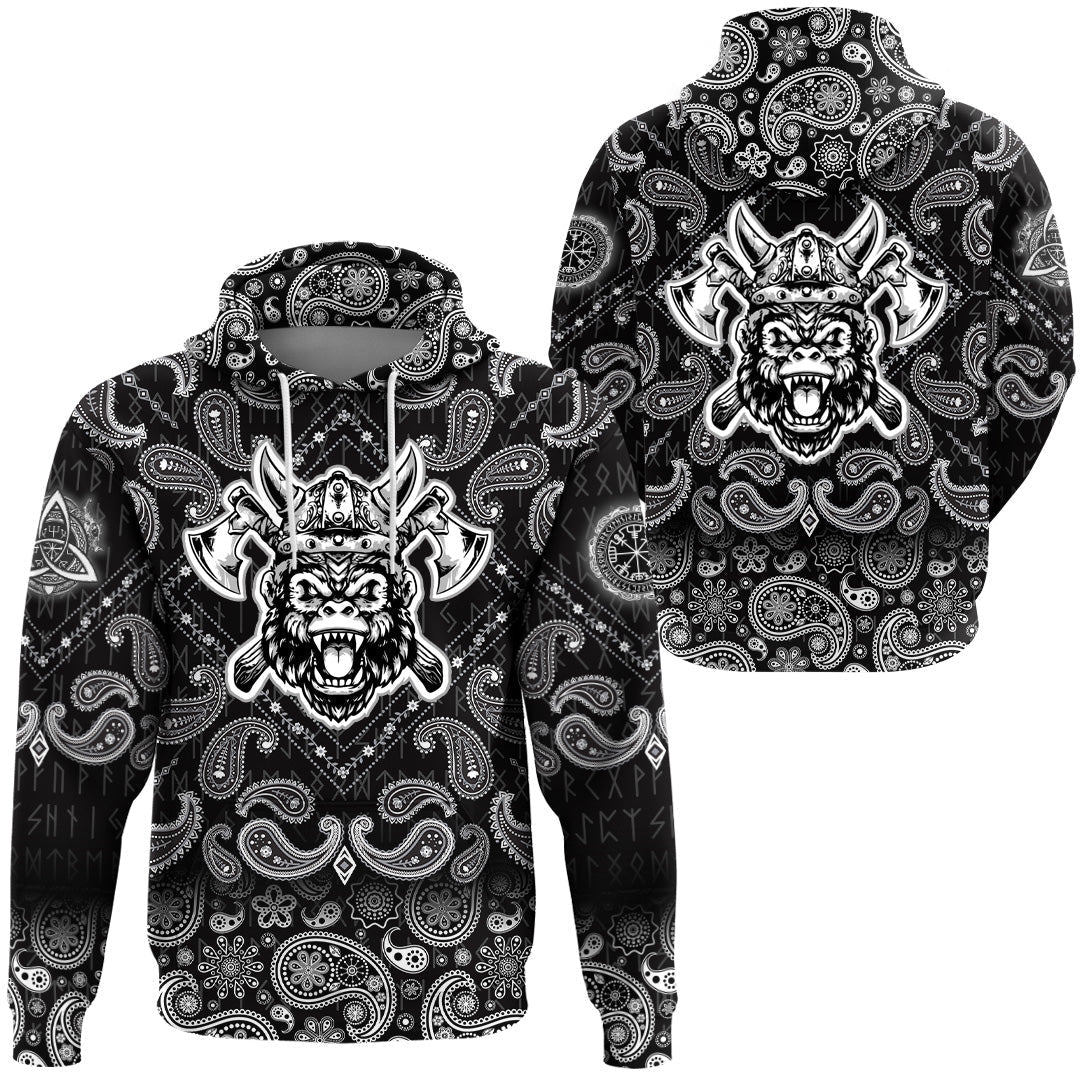 Viking Hoodie GorillHead With Helmet and Axe with Bandana Paisley Style RLT12 - Wonder Print Shop