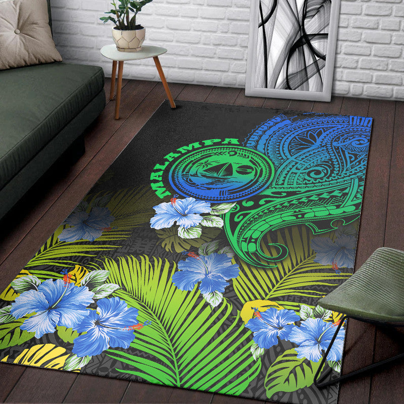 Gradient tropical area rug: blue/green hibiscus flowers with tribal tattoo medallions