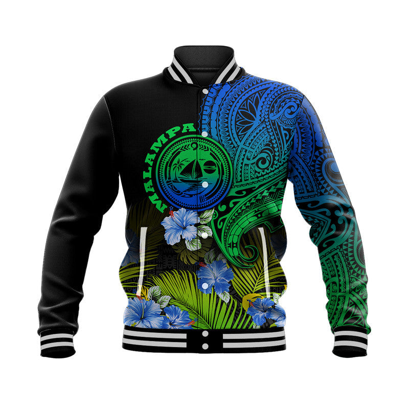 Unisex varsity jacket: black sleeves, blue-green tribal print with hibiscus flowers