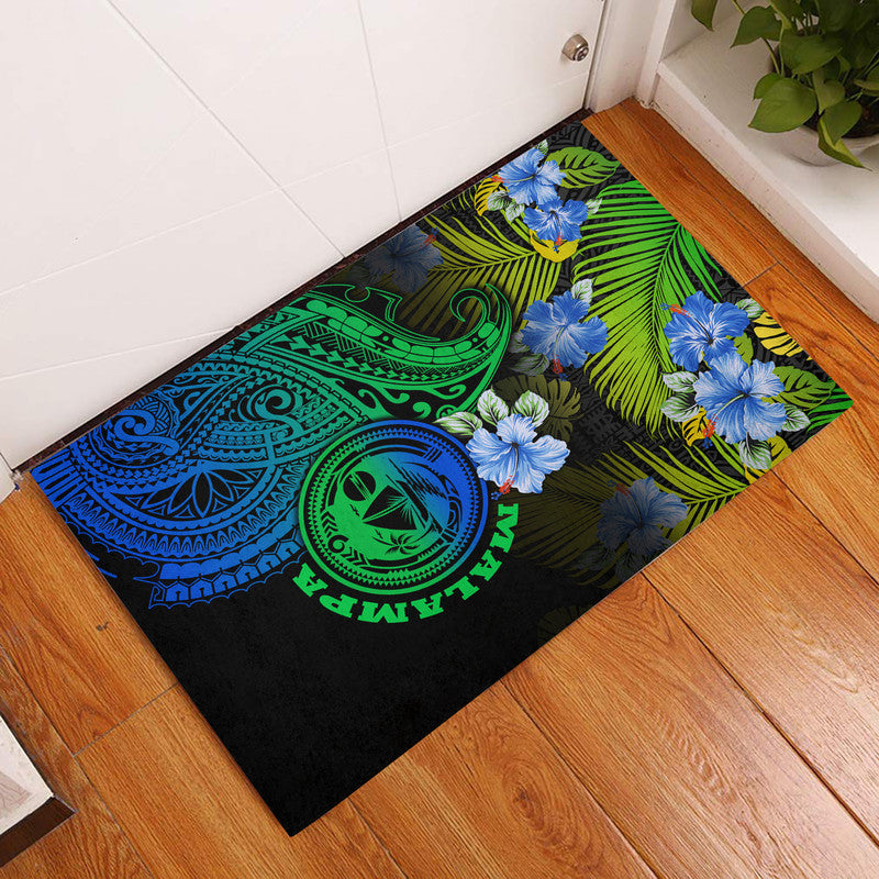 Gradient door mat with tribal Polynesian face, blue flowers, green leaves hibiscus