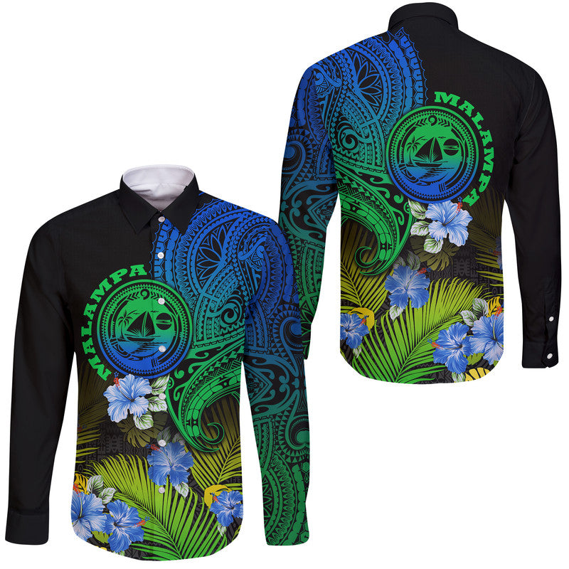 Long sleeve button shirt with gradient tribal print, blue flowers and green palm leaves