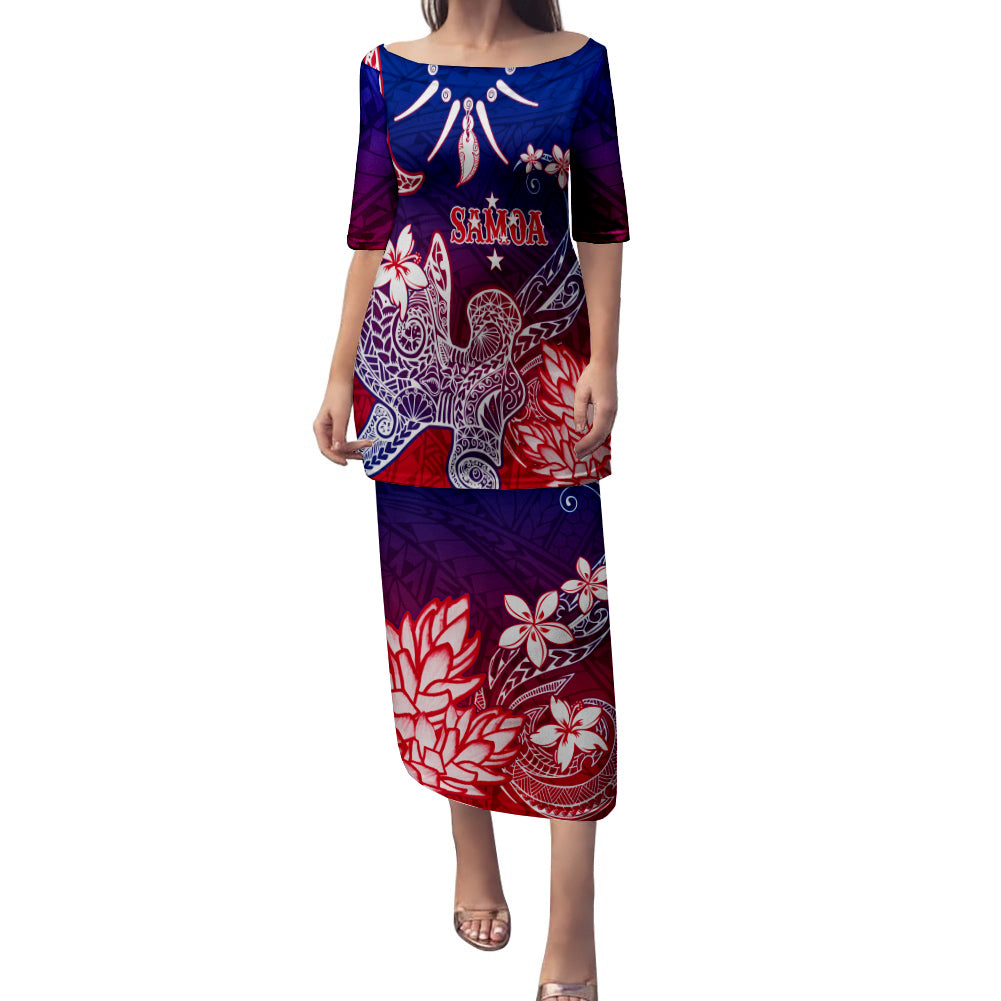 Long puletasi dress, blue and red gradient with floral and shark graphic