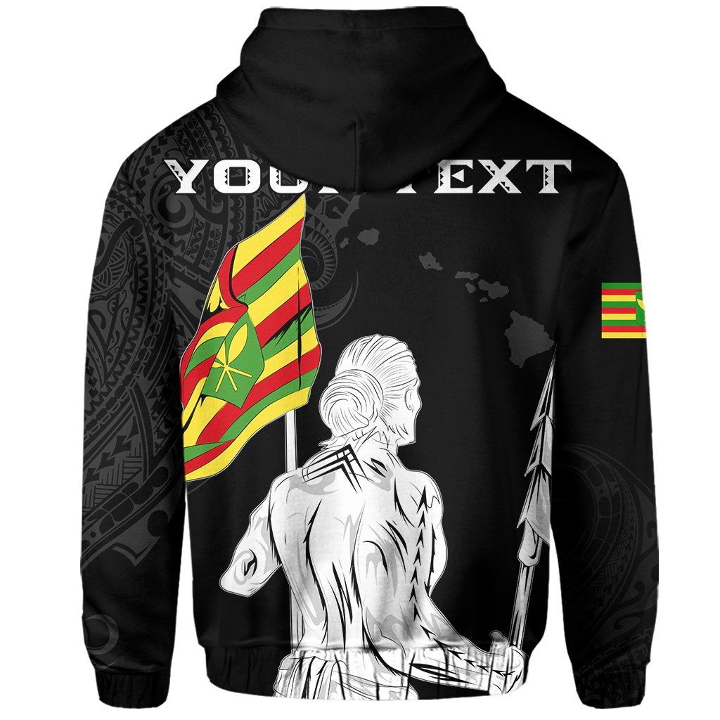 Black pullover hoodie with warrior illustration, You Ext text across shoulders, flag sleeves