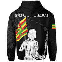 Black pullover hoodie with warrior illustration, You Ext text across shoulders, flag sleeves