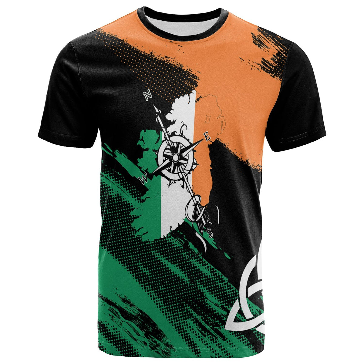 Multicolor grunge Ireland map and compass graphic T-shirt, black orange green front