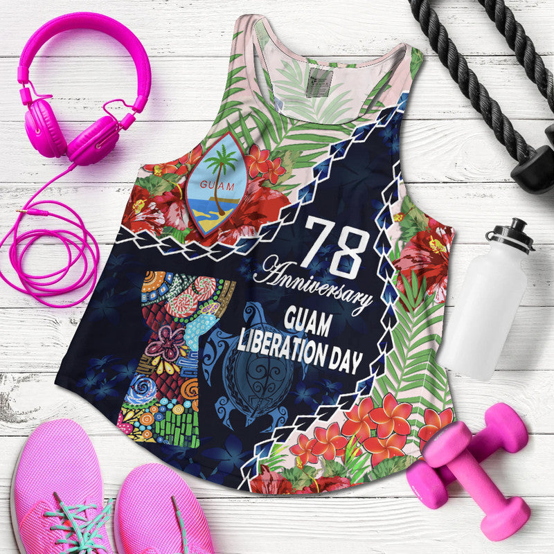 Dark blue racerback tank with 78th Guam Liberation Day hibiscus graphic