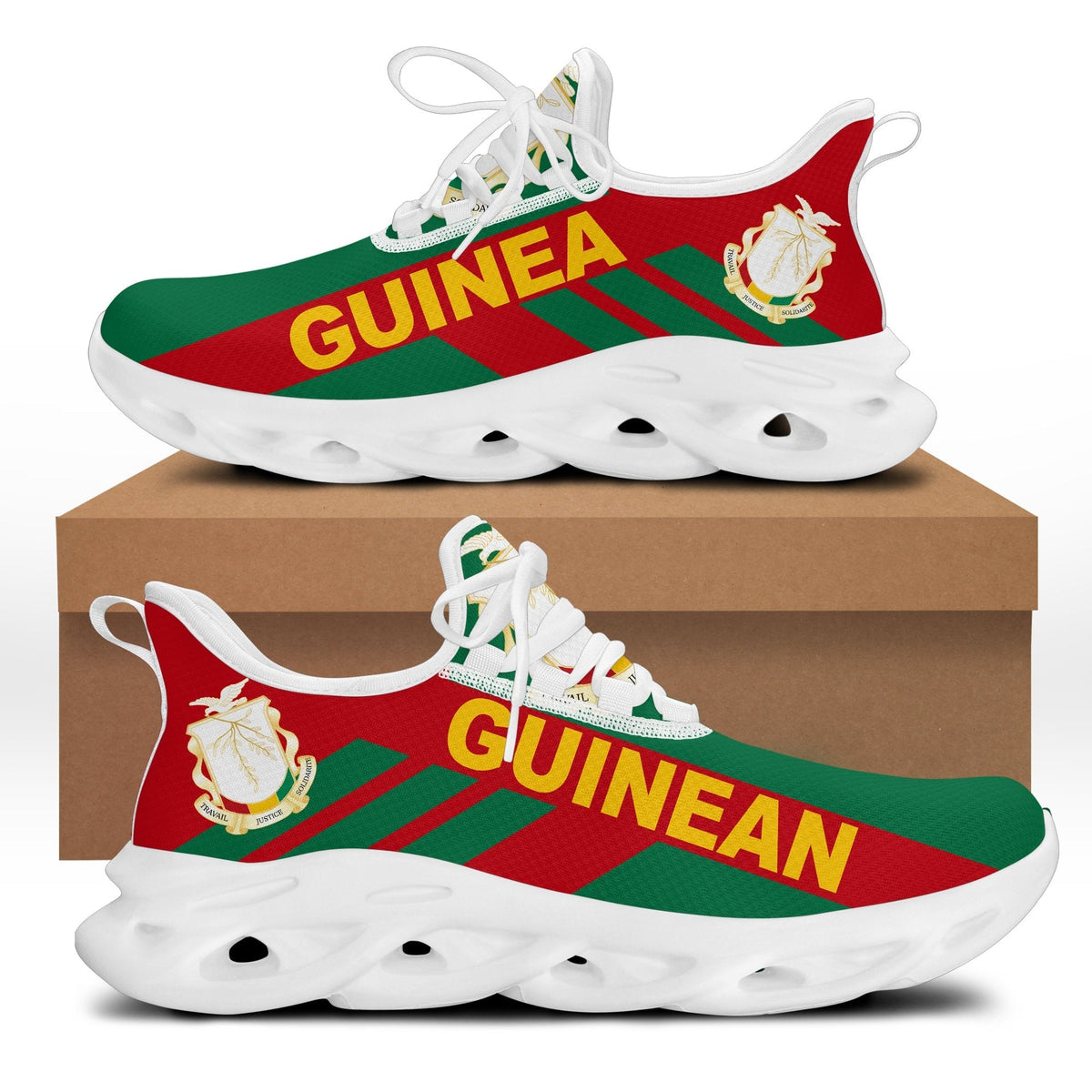 Clunky sneaker with Guinea stripe red-green pattern, white laces and white sole