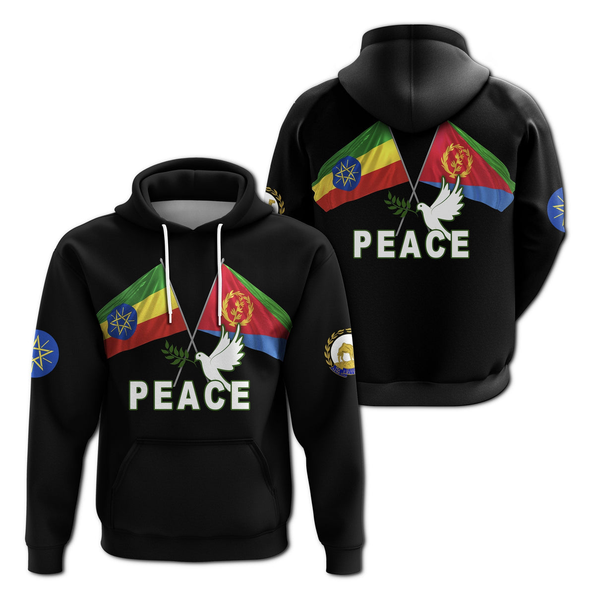 Black pullover hoodie with PEACE graphic, white dove, Ethiopia/Eritrea flag panels