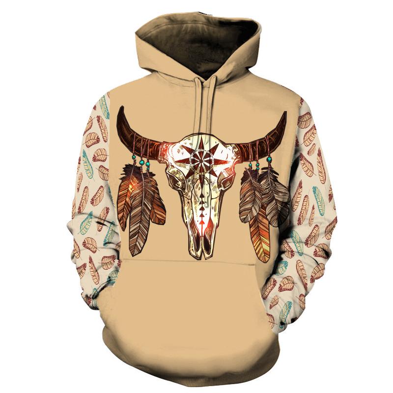 Beige pullover hoodie with all-over Native graphic buffalo skull and dreamcatcher sleeves