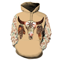 Beige pullover hoodie with all-over Native graphic buffalo skull and dreamcatcher sleeves