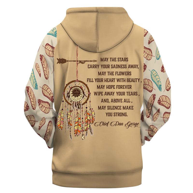 Beige pullover hoodie with front quote and dreamcatcher graphic, feather patterns on sleeves