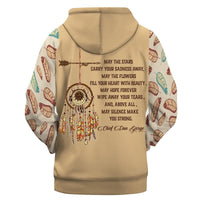 Beige pullover hoodie with front quote and dreamcatcher graphic, feather patterns on sleeves