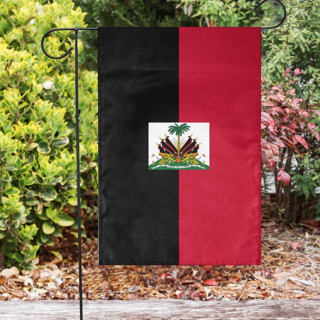 Garden flag with Haiti flag design: black and red halves and central coat of arms