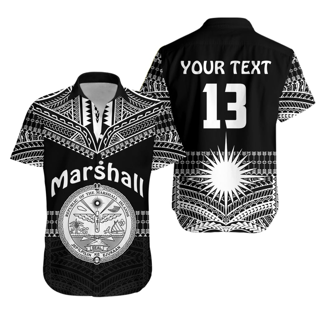 Black Hawaiian shirt with Marshall Islands seal, custom text, and number 13 (unisex)