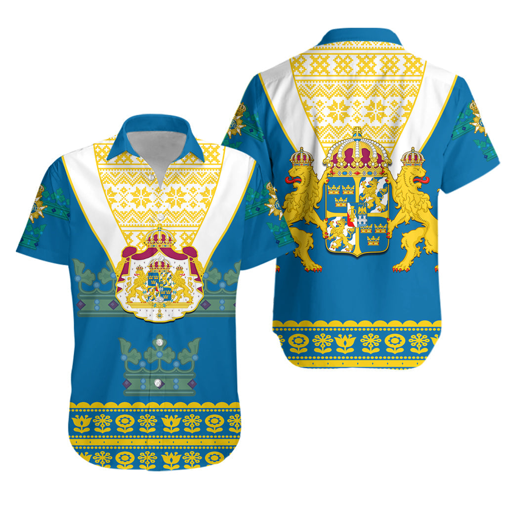 Sweden Hawaiian Shirt Swedish Coat Of Arms With Scandinavian Flowers - Wonder Print Shop