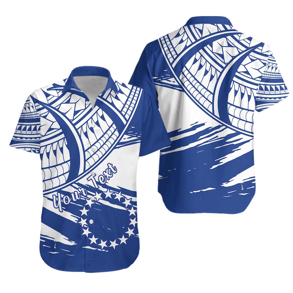 Blue unisex Hawaiian shirt with Cook Islands flag style claw pattern, short sleeves