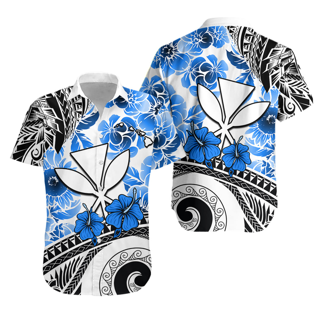 Blue hibiscus Hawaiian shirt with Polynesian tribal print, short-sleeve