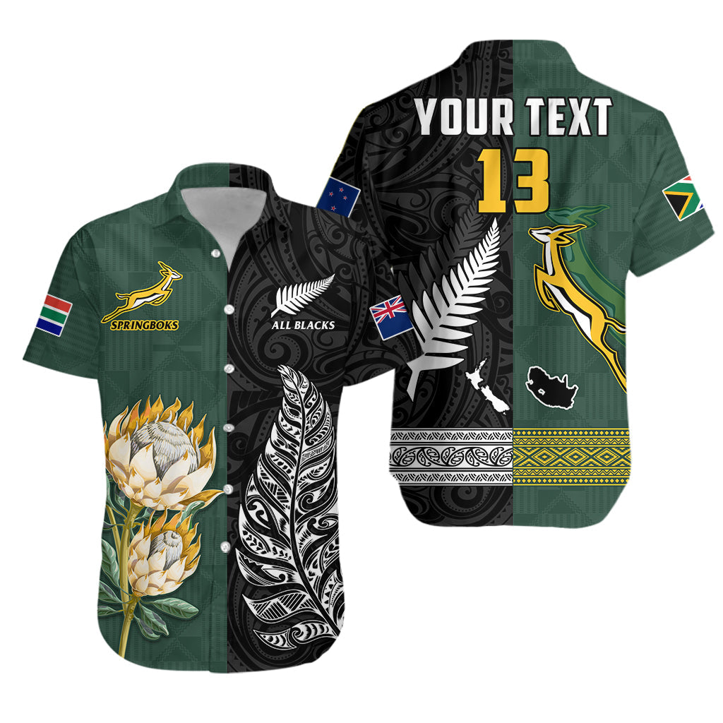 Green button-up rugby shirt with black graphic panel, “YOUR TEXT” and number 13, badges