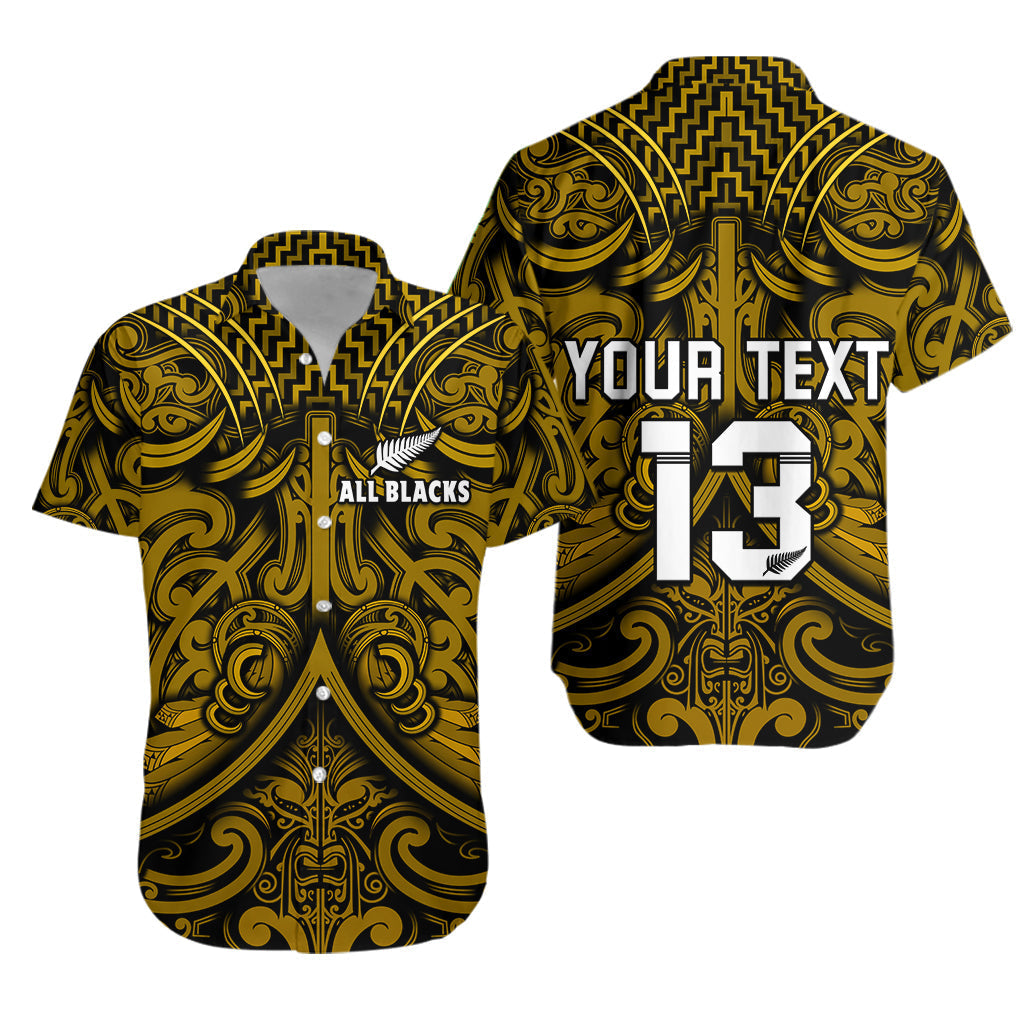 Custom Text and Number New Zealand Silver Fern Rugby Hawaiian Shirt All Black Gold NZ Maori Pattern LT13 - Wonder Print Shop