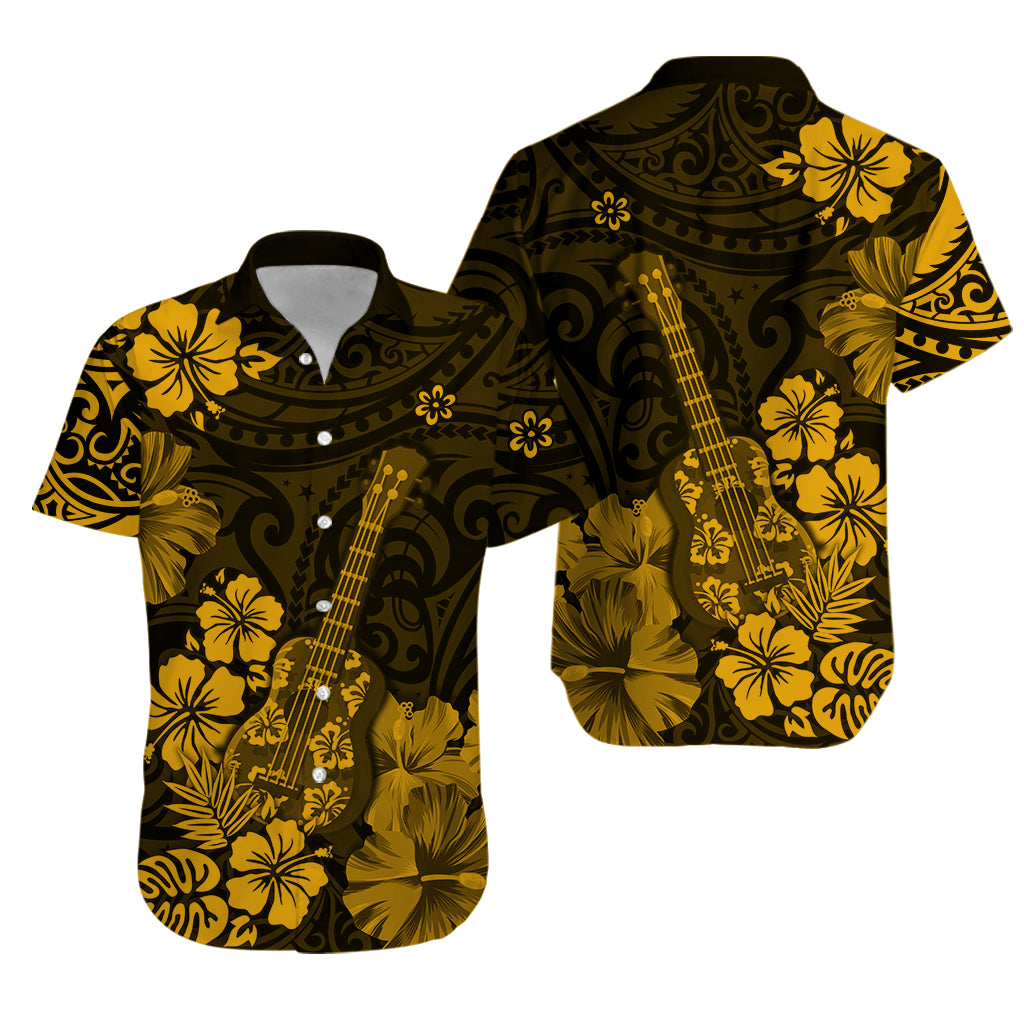 Gold and dark Hawaiian button-up shirt with ukulele and hibiscus floral print