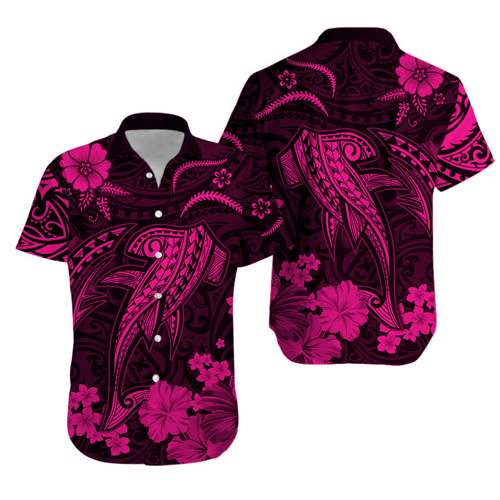 Pink and dark Hawaiian button-up shirt with Polynesian tribal patterns and shark graphic