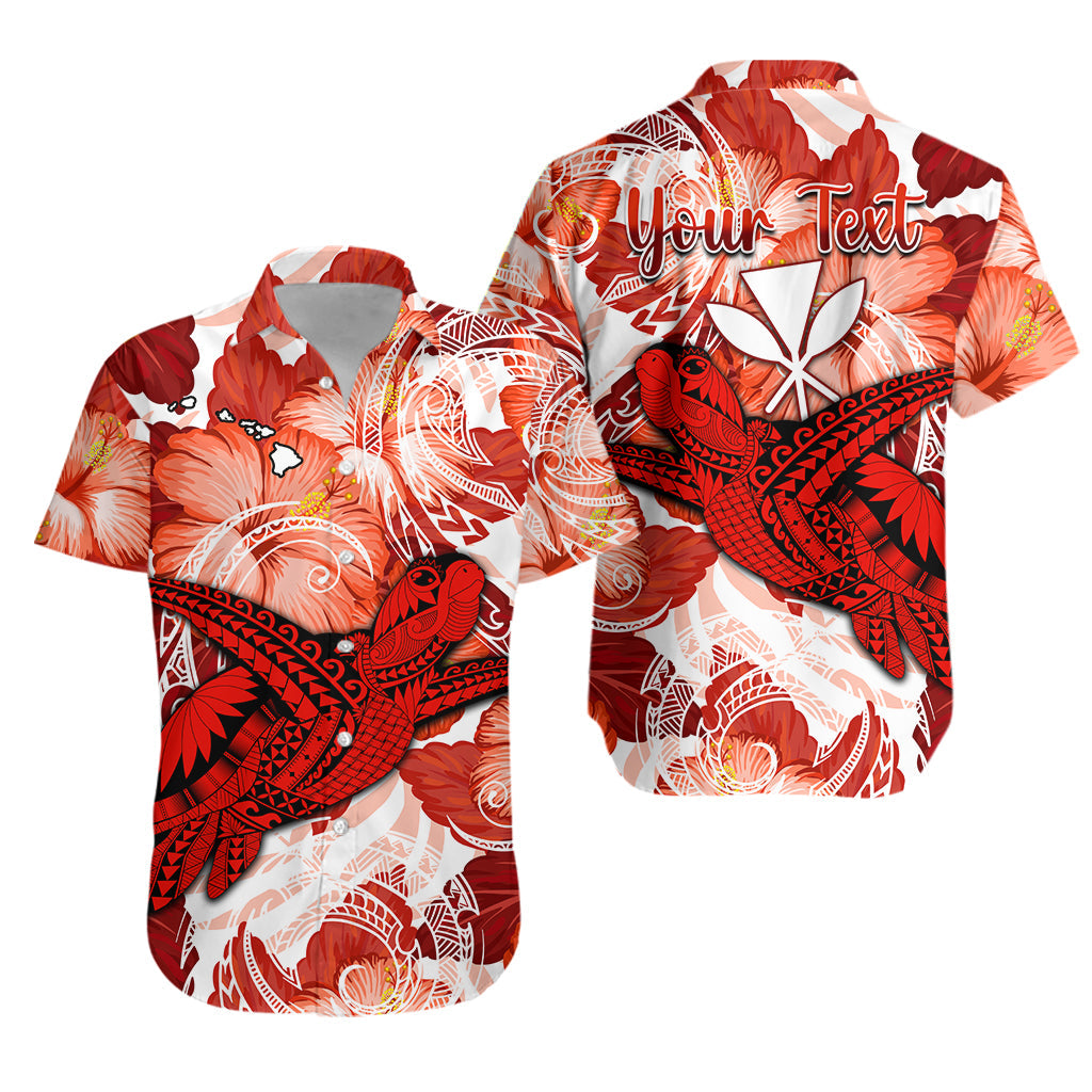 Red Hawaiian shirt with turtle, hibiscus, and Polynesian pattern; buttons and short sleeves