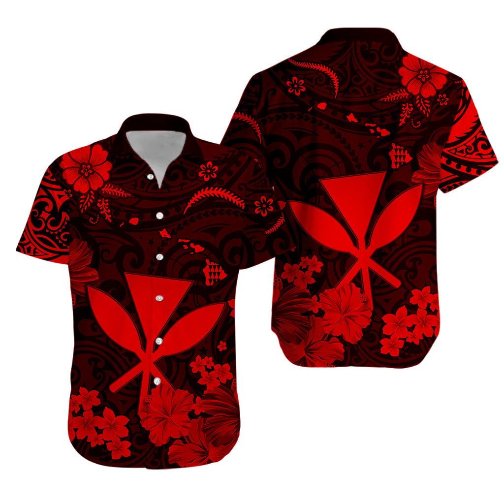 Red Hawaiian shirt with black-and-red floral leaf print, short sleeves.