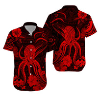 Hawaiian shirt, red and black paisley octopus-style print, short-sleeve button-up