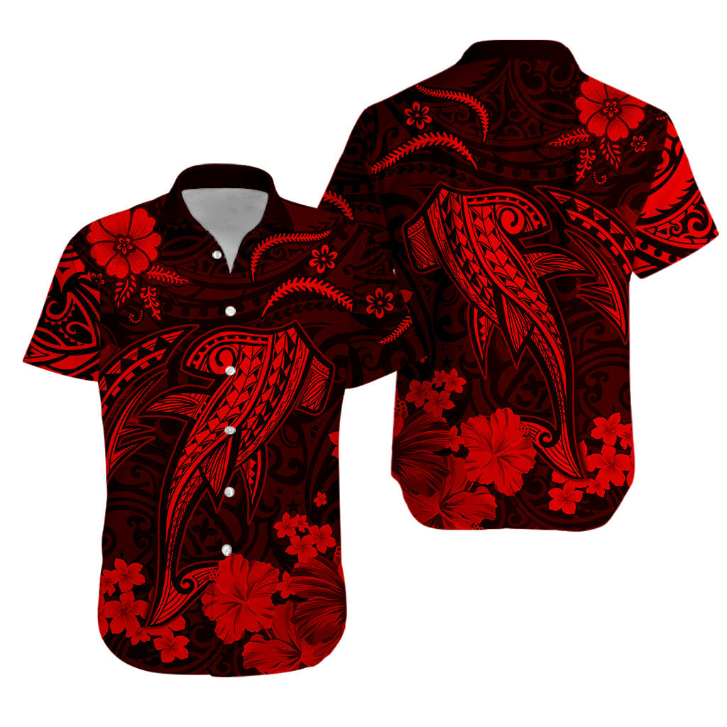 Red Hawaiian-style button-up shirt with bold shark and floral tribal print