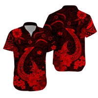 Short-sleeve button-up shirt in black fabric with red fish and floral print