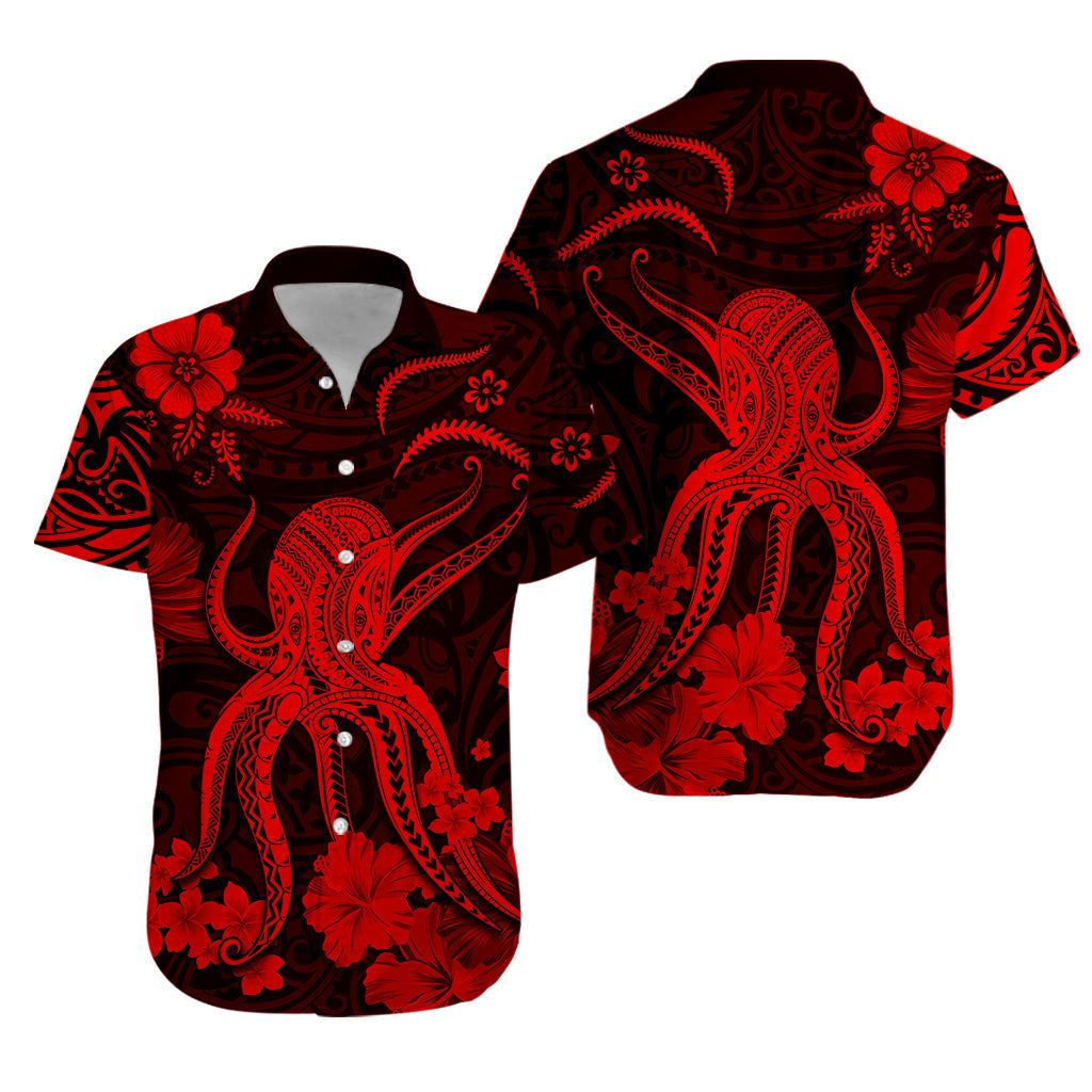 Red and black Hawaiian button-up shirt with octopus, tribal swirls, and flowers