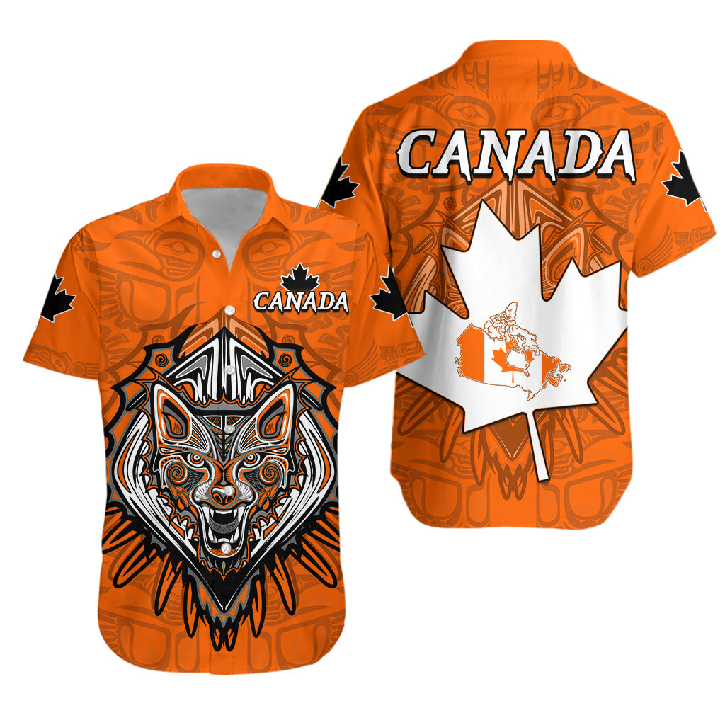 Canada Maple Leaf Hawaiian Shirt Orange Haida Wolf LT13 - Wonder Print Shop