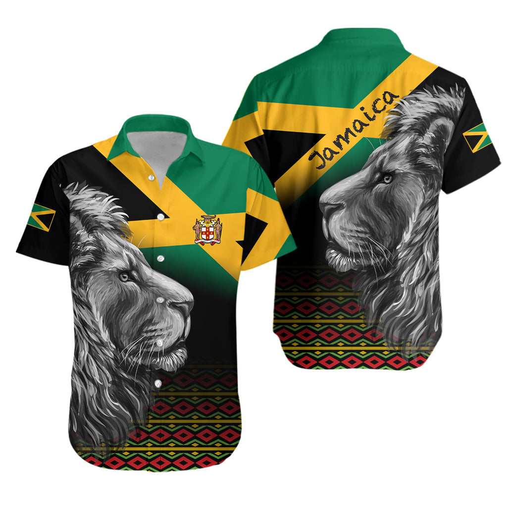 Unisex black Hawaiian shirt with lion artwork, Jamaica flag stripes, and patterned hem