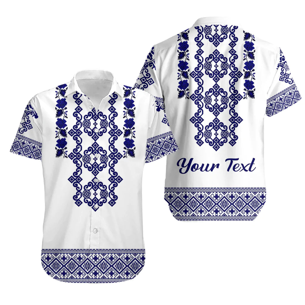 White short-sleeve shirt with blue folk embroidery and Your Text print