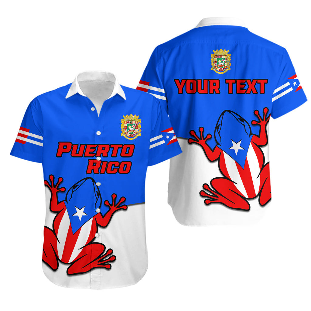 Blue Hawaiian button-up shirt with Puerto Rico frog graphic and red/white accents, short sleeves