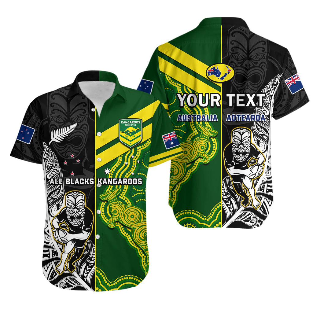 (Custom Personalised) Australia Kangaroos And All Black Rugby Hawaiian Shirt Aboriginal Mix NZ Maori Fern - Wonder Print Shop