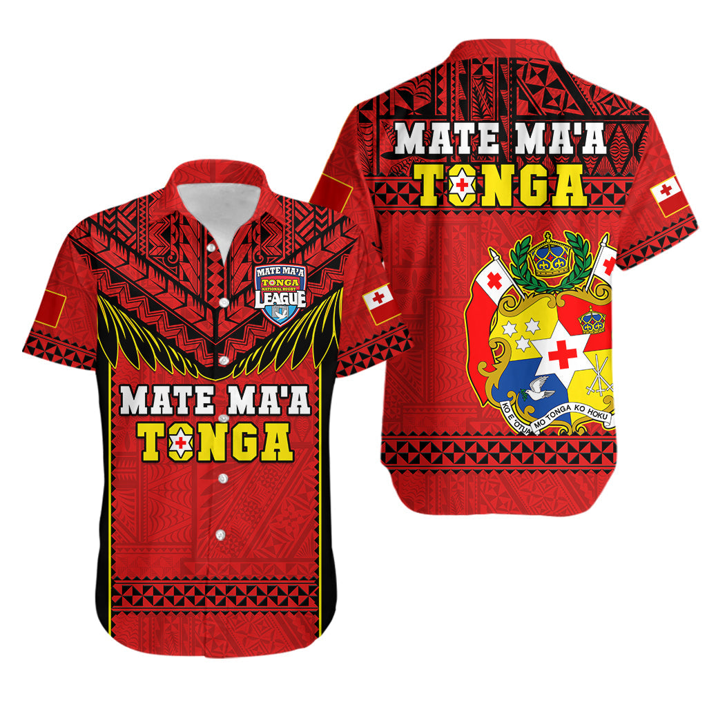 Red Tonga rugby-style button-up shirt with black geometric print and crest logo