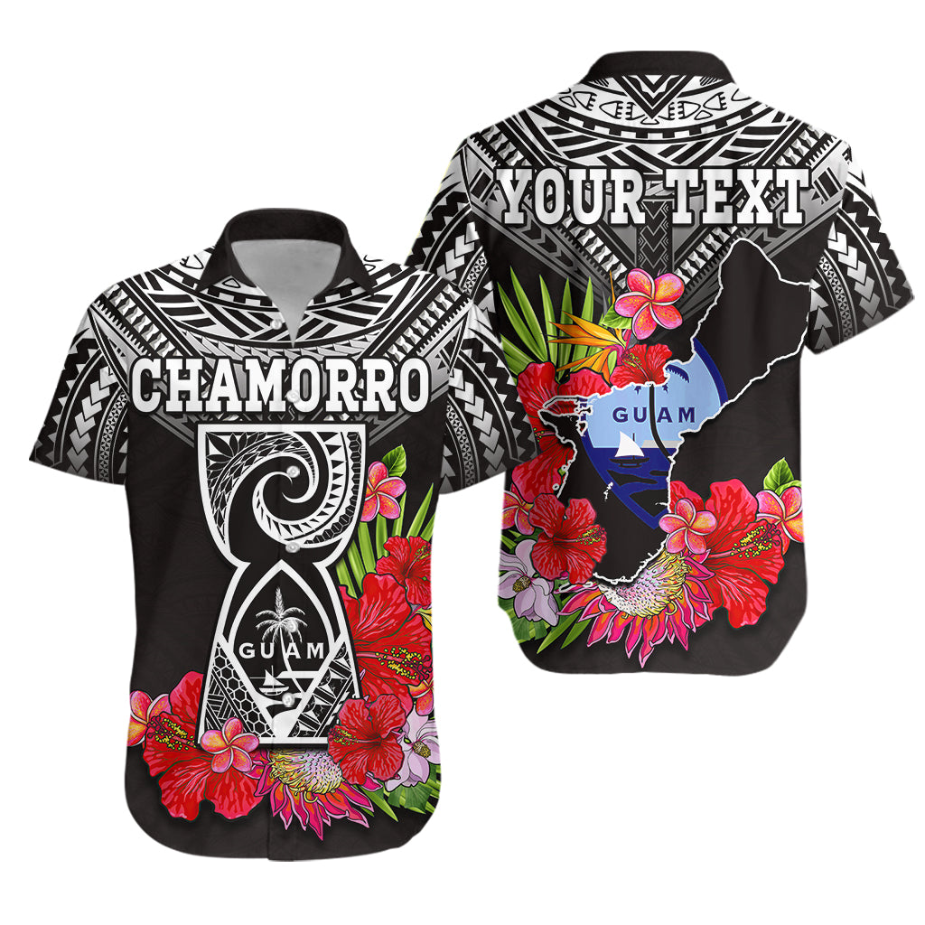 Black Hawaiian shirt with Chamorro text, Guam map, tribal pattern and tropical flowers
