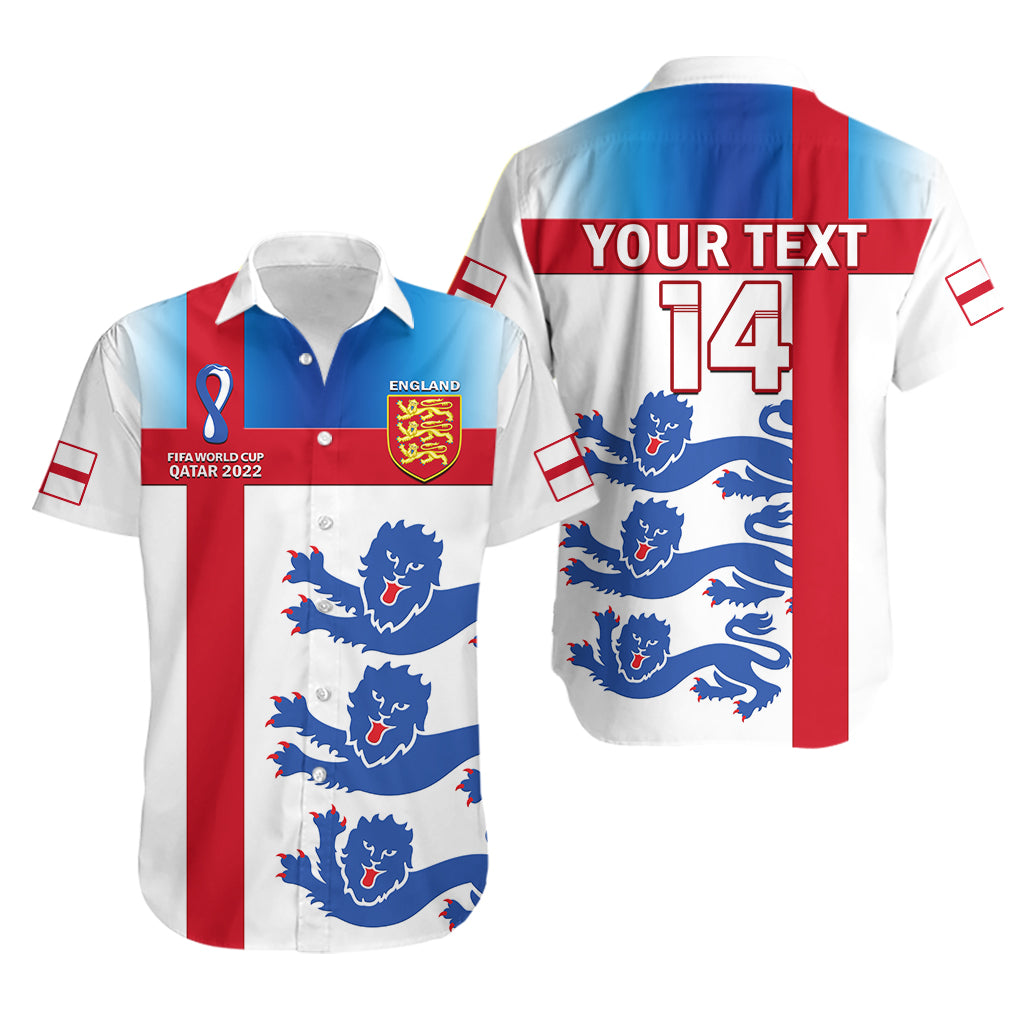 White button-up shirt with red/blue lion crest, custom text, and number 14 graphic