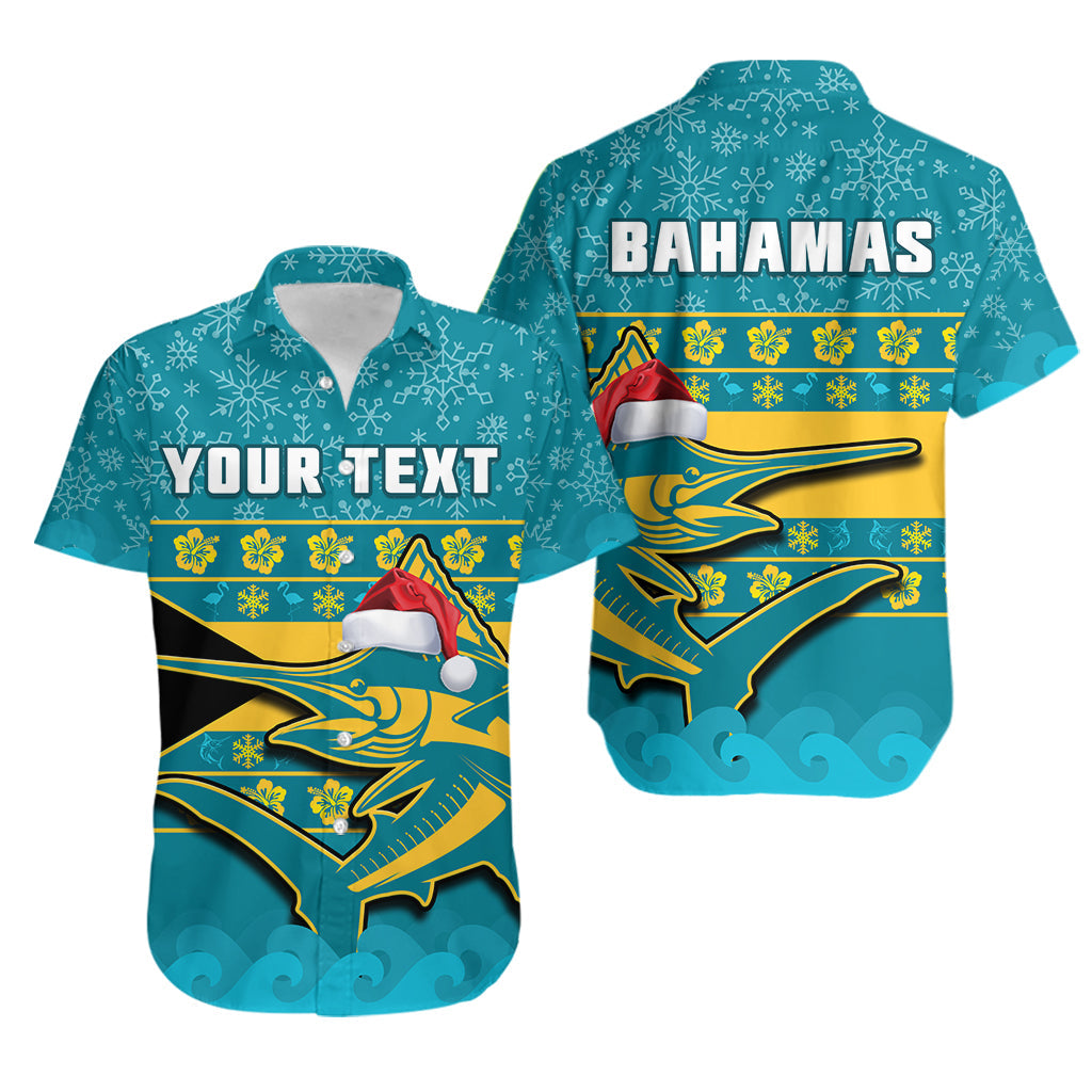 Teal Bahamas Hawaiian shirt, marlin print, snowflake pattern, YOUR TEXT front