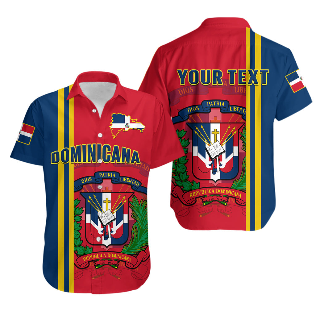 Red Hawaiian shirt with Dominican stripes, crest, and 'YOUR TEXT' print, short sleeves
