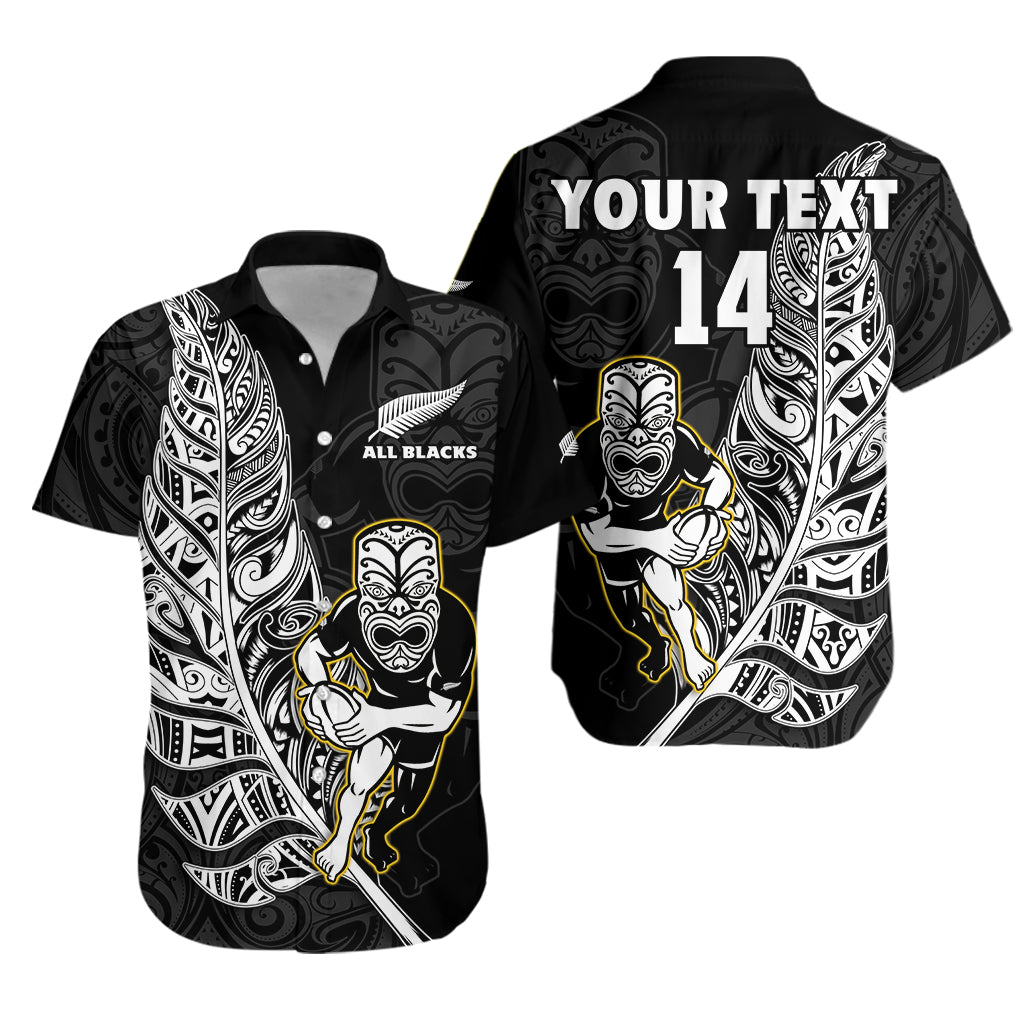 Custom Text And Number New Zealand 2022 Rugby Hawaiian Shirt All Black Silver Fern Maori Pattern Version Black - Wonder Print Shop