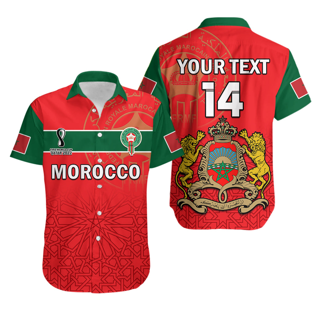Red Morocco soccer Hawaiian shirt, front and back views, green-trim collar, crest, YOUR TEXT 14